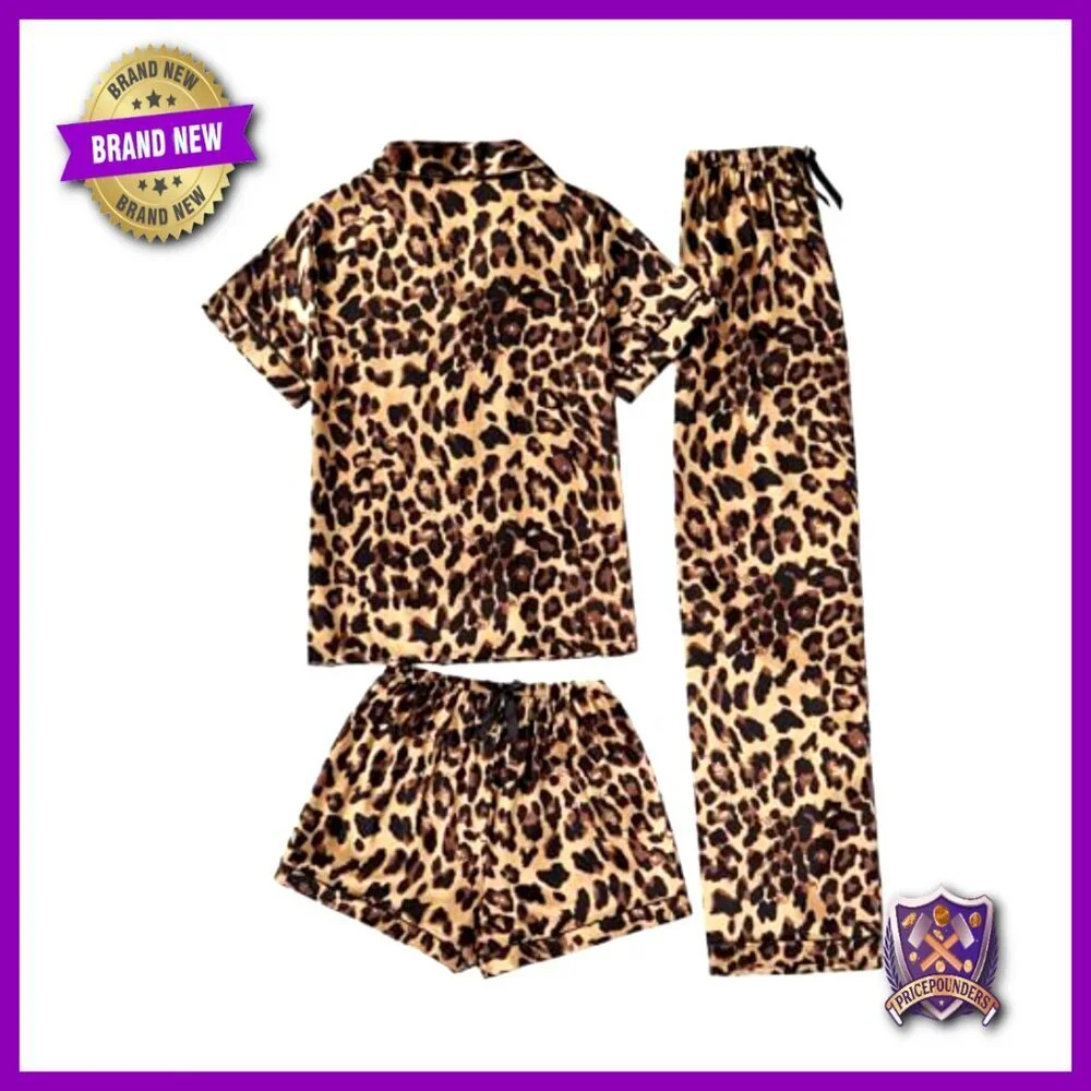 Women's 3 Piece Leopard Print Pajama Set Short Sleeve Button Down Shorts Pants